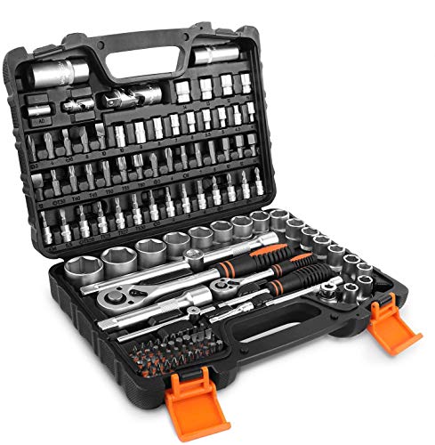 【 Mejor precio en oferta de 】✔️️ TACKLIFE Juego de Llaves de Vaso, Profesionales, 119 Piezas, Llave de Carraca Reversible de 1/2"y 1/4", Manija Giratoria, Barra de Extensión, Kit de Herramientas Mecánicas para el Auto - SWS5A