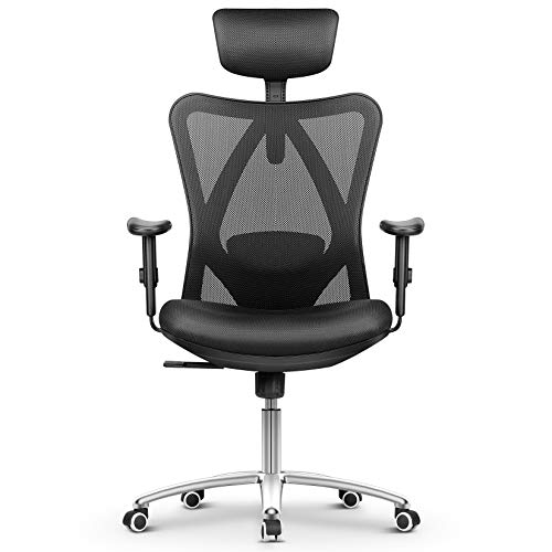 【 Mejor precio en oferta de 】✔️️ mfavour - Silla de oficina ergonómica, silla de escritorio para ordenador, silla giratoria con cojín de diseño de red, reposacabezas y reposabrazos ajustables, función de balanceo, carga máxima 150 kg
