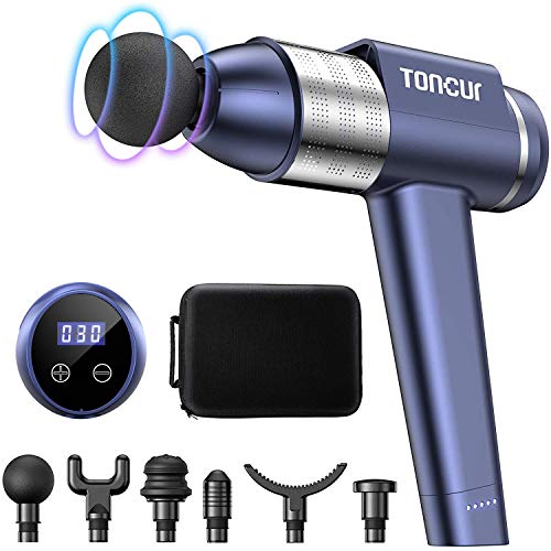 【 Mejor precio en oferta de 】✔️️ Toncur Pistola de Masaje Muscular, Masajeador de Músculos de Tejido Profundo Ultra Silenciosos 38 dB Massage Gun, 30 Niveles Ajustables, 3200 RPM, Diseño 105°, 6 Cabezales de Masaje, para Relajación