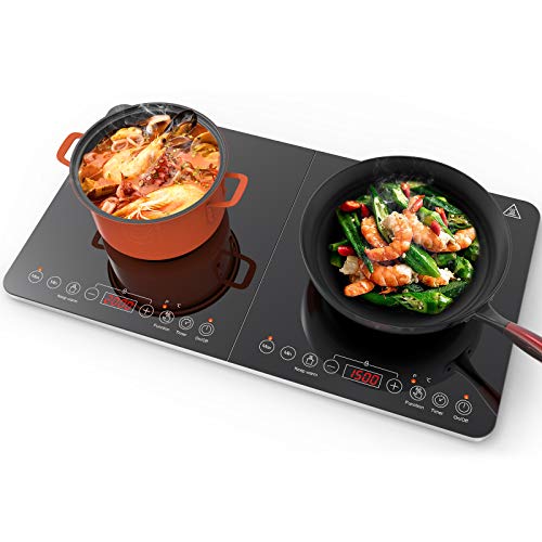 【 Mejor precio en oferta de 】✔️️ Aobosi placa de inducción, placa de doble inducción, placa portátil, sensor y control superior de cristal, 3500 vatios, función de temporizador