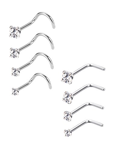 【 Mejor precio en oferta de 】✔️️ Mudder 20 Guage Piercing de Nariz de Acero Inoxidable Aros de Nariz de Zirconia Cúbica Joya de Cuerpo, Forma de Tornillo y L Curvado, 8 Piezas