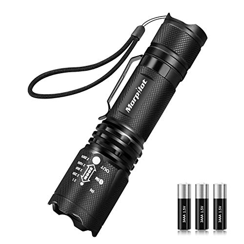 【 Mejor precio en oferta de 】✔️️ morpilot Linterna Táctica y UV 2 en 1, Linterna LED 500LM, Linterna Militar, Luz UV con 4 Modos, Zoom IN/out, 395nm, Aluminio, Anti-caída, Impermeable IPX4, 3 Baterías Incluidas