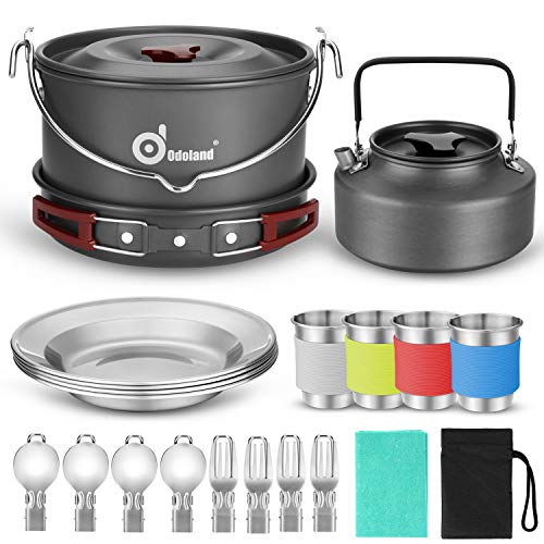 【 Mejor precio en oferta de 】✔️️ Odoland Utensilios Cocina Camping con Olla, Sartén, Hervidor de Camping, Plato, Tazas de Acero Inoxidable y Cubiertos Plegables, Kit de Cocina para Cocinar al Aire Libre