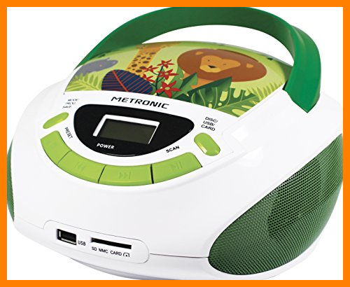【 Mejor precio en oferta de 】✔️️ Metronic 477144 - Radio Lector Reproductor de CD portátil con Toma USB/SD para MP3 / AUX Jack 3,5mm, Radio FM, 3W, Jungle Blanco/Verde