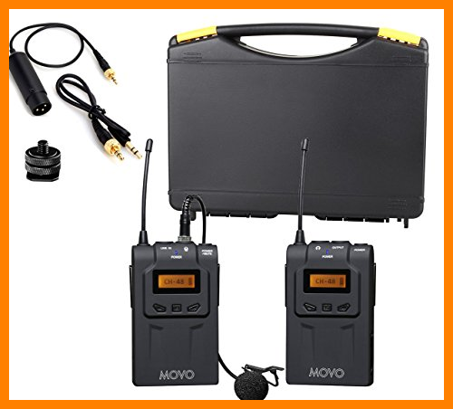 【 Mejor precio en oferta de 】✔️️ Movo WMIC70 Sistema de micrófono de Solapa inalámbrico UHF de 48 Canales con Omni-Lav, Montaje de cámara y Salidas 3,5mm/XLR (Rango de 100m)