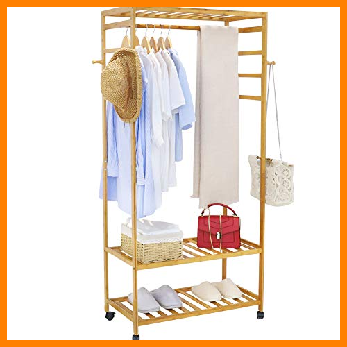 【 Mejor precio en oferta de 】✔️️ unho Perchero Burro con Ruedas 78 x 41 x 169 cm Perchero Zapatero de Bambú con 2 Estantes y 4 Ganchos para Ropa Zapatos Bolsas Burro Ropa para Dormitorio Entrada Sala de Estar