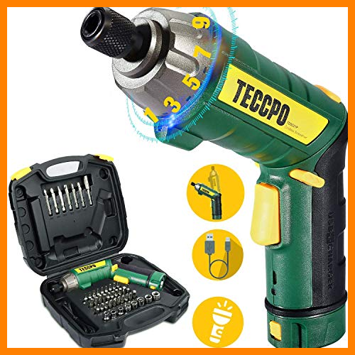 【 Mejor precio en oferta de 】✔️️ Atornillador Eléctrico 6N.m, TECCPO Destornillador Eléctrico, 45 Accesorios, 9 Torsión Ajustable, 2 Luz LED, Inferior como Linterna, Carga Cable USB-TDSC01P