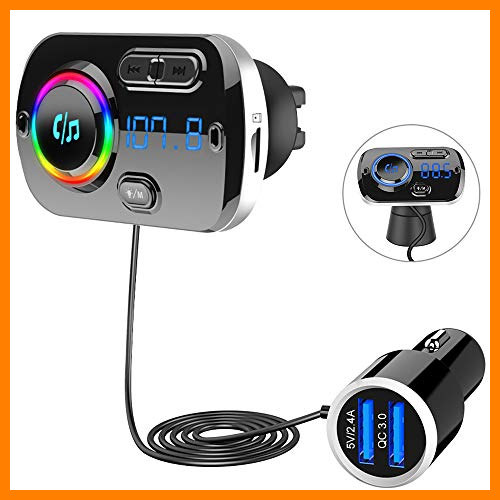 【 Mejor precio en oferta de 】✔️️ SONRU Nuevo Transmisor FM Bluetooth 5.0, Bluetooth para Coche Manos Libres para Vehículos, QC3.0 USB Cargador de Coche, Apoyo Tarjeta TF y Salida AUX, Sonido Cristal, Luz Colorida, Cable de 1.1M