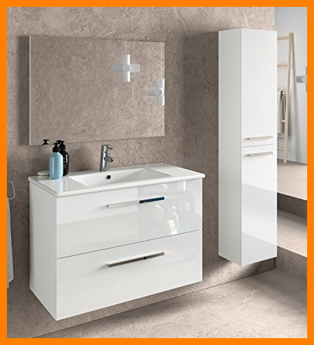 【 Mejor precio en oferta de 】✔️️ Miroytengo Juego de Mueble de baño Lavabo suspendido 2 cajones, Espejo, lavamanos de cerámica y Columna Auxiliar de Aseo, Acabado en Blanco Brillo
