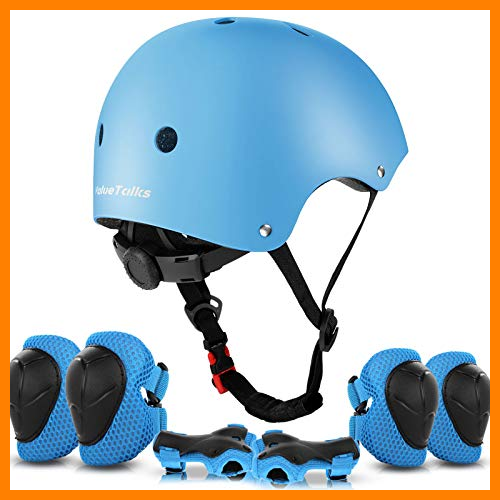 【 Mejor precio en oferta de 】✔️️ ValueTalks Protección Patinaje, Protección Infantil Consta de Casco Ajustable Rodilleras Coderas, Patinaje Ciclismo Monopatín y Deportes Extremos（Azul