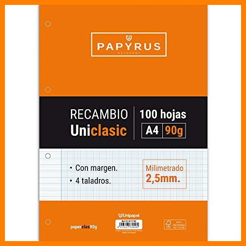 【 Mejor precio en oferta de 】✔️️ Unipapel Recambio Milimetrado, Hojas de 90 g, con Margen, 4 Taladros, Paper, Multicolor, A4