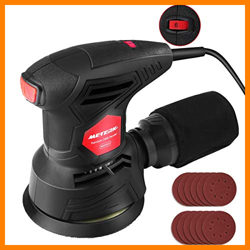 【 Mejor precio en oferta de 】✔️️ Meterk Lijadora Orbital, Lijadora Excentrica Eléctrica (300W 12000RPM) 6 Velocidades Ajustables, 12 Lijas (6 x 80 granos & 6 × 180 granos), Caja de Recogida de Polvo, Cable de 2 Metros