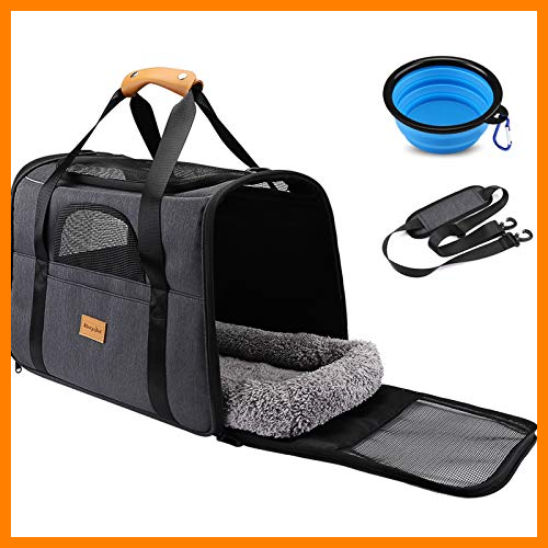 【 Mejor precio en oferta de 】✔️️ Transportín Perro Gato, Bolsa de Transporte Transpirable para Mascotas, Portador de Viaje con Correa de Hombro Ajustable, Transporte de Gato con Colchón Suave + Tazón Plegable (18 * 12.5 * 14 Inch)