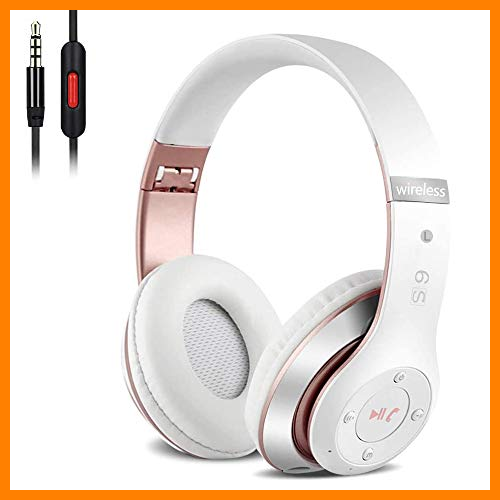【 Mejor precio en oferta de 】✔️️ Auriculares Cerrados Inalámbricos 6S, Alta fidelidad Estéreo Auriculares Estéreo Inalámbricos Plegables, Micrófono Incorporado, Micro SD/TF, FM (para iPhone/Samsung/iPad/PC) (Blanco y Oro Rosa)