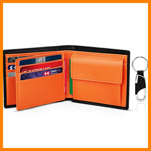 【 Mejor precio en oferta de 】✔️️ TEEHON Cartera Hombre, Cartera RFID, Cartera Cuero Hombre con 10 Tarjetas (Incluye 1 ID), 2 Compartimentos para Billetes, 1 Bolsillo para Monedas con Botón, Llavero y Regalo de Caja - Naranja Negro