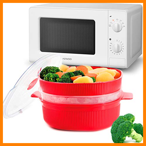 【 Mejor precio en oferta de 】✔️️ MovilCom® - Olla a Vapor 2 Niveles Microvap con Tapa para cocinar al Vapor en microondas| Accesorios Cocina | 4L Rojo