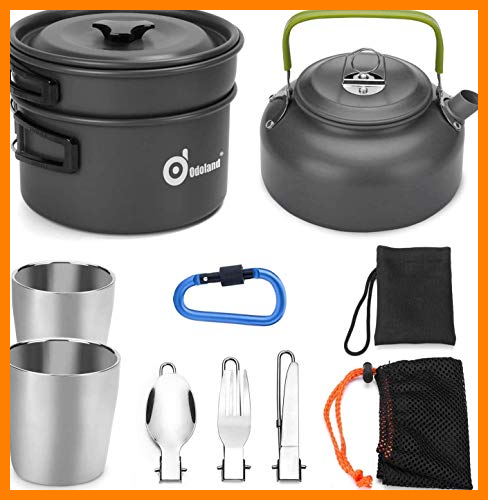 【 Mejor precio en oferta de 】✔️️ Odoland Juego de Utensilios Cocina Camping con Ollas y Sartén de Aluminio Hervidor Tazas Cubiertos Plegable para Acampada, Cacerolas de Acampada de Camping y Viaje