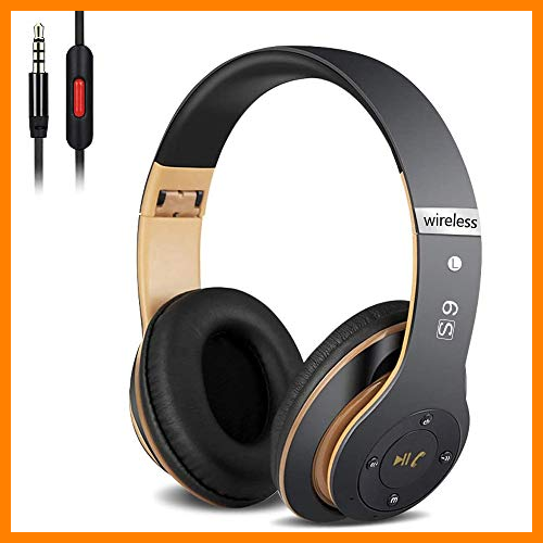 【 Mejor precio en oferta de 】✔️️ Auriculares Cerrados Inalámbricos 6S, Alta fidelidad Estéreo Auriculares Estéreo Inalámbricos Plegables, Micrófono Incorporado, Micro SD/TF, FM (para iPhone/Samsung/iPad/PC) (Negro y Oro)