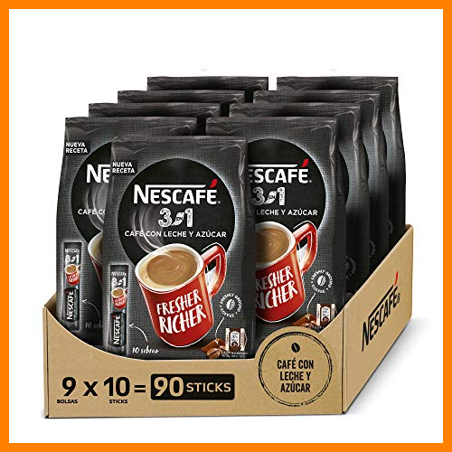 【 Mejor precio en oferta de 】✔️️ NESCAFÉ 3 EN 1, café soluble natural con leche y azúcar, Pack de 9 bolsas con 10 sobres, TOTAL 90 sobres