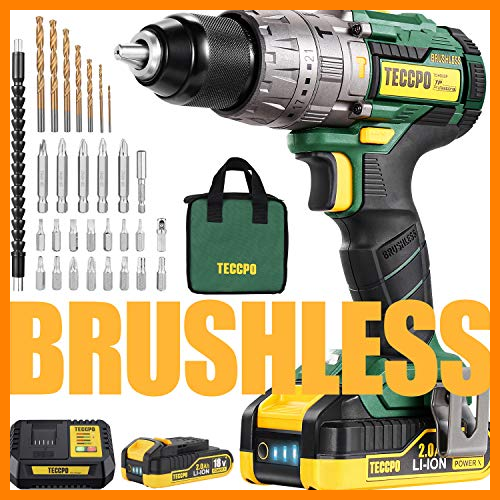 【 Mejor precio en oferta de 】✔️️ Taladro Atornillador Brushless, TECCPO Taladro Percutor a Batería 18V, 2×2.0Ah Baterías de Litio, 30min Cargador Rápido, 21+3 Ajustes Par, 35 Accesorios, 2 Velocidad Ajustable-TDHD02P