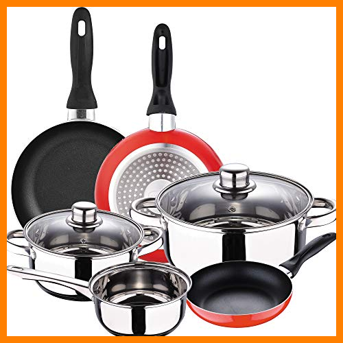 【 Mejor precio en oferta de 】✔️ Batería 5 piezas San Ignacio Cassel y Set 3 sartenes Ø16/Ø20/Ø24 cms rojo, aluminio prensado, antiadherente, inducción
