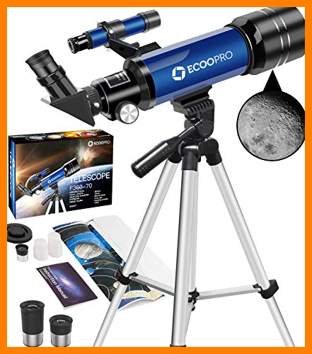 【 Mejor precio en oferta de 】✔️ Telescopio Astronómico, HD Telescopio de refracción de 70mm con 2 oculares (K25mm&K10mm), Ajustable Trípode, Fácil de Montar, Observer la Luna, Aves, Regalos para Niños y Adultos