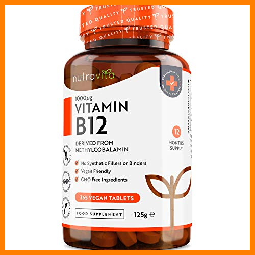 【 Mejor precio en oferta de 】✔️ Vitamina B12 Vegana 1000mcg Alta Potencia - 365 Comprimido Vegana Suministro de 12 Meses - Reduce Cansancio y Fatiga, Contribuye al Funcionamiento Normal del Sistema Inmunológico - Hecho por Nutravita