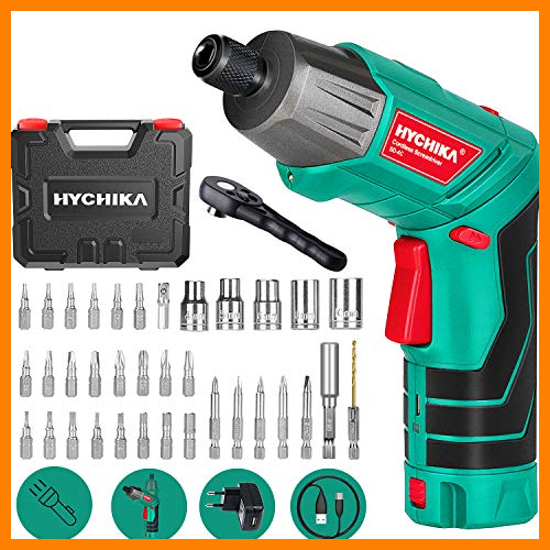 【 Mejor precio en oferta de 】✔️ Atornillador Eléctrico 6N.m, HYCHIKA Destornillador Inalámbrico (Máximo Par 6 N.m, 3.6V, 2.0Ah) LED Luz como Linterna, Llave de Trinquete, Cargador con Cable USB, 36 Accesorios, Estuche portátil
