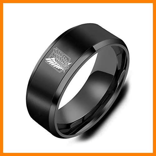【 Mejor precio en oferta de 】✔️ Attack on Titan Ring, QEPOL Wings of Freedom Logo Anillo de acero inoxidable para hombres Anillo de dedo grabado de anime pulido Anillo de acero de titanio Joyería de moda para hombres (Negro, 7)