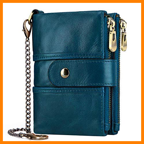 【 Mejor precio en oferta de 】✔️ TEUEN Cartera Mujer Piel Autentica Pequeña Billetera Monedero Mujer con Muchos Bolsillos, Bloqueo RFID Billetero Cremallera Mujer con Cadena, Monedero Cuero Mujer 16 Ranuras para Tarjetas (Azul)