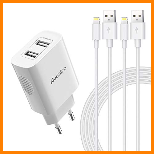 【 Mejor precio en oferta de 】✔️ Avoalre 12W Cargador iPhone con 2 Puertos USB + 2 Pack Cable Lightning 2M Certificado MFi Carga Rápida 2.4A Cargador de Pared Compatible para iPhone SE 2020 11Pro 12 13 XS X XR 8 7 6 iPad, Blanco