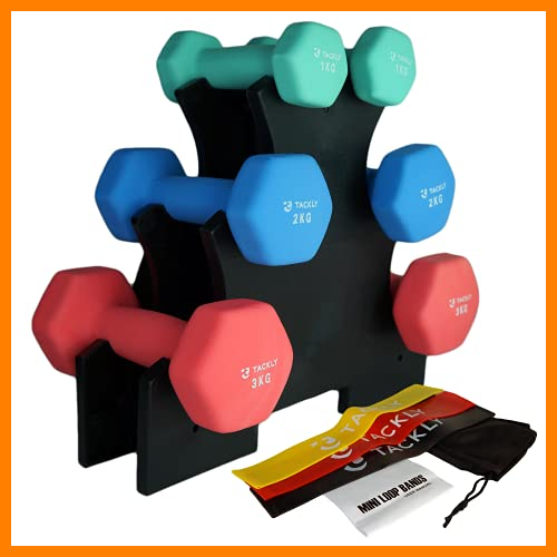 【 Mejor precio en oferta de 】✔️ Tackly kit de mancuernas de neopreno 1- 3kg + cintas elásticas musculación fitness y soporte - Juego de pesas y mancuernas gimnasio en casa 1kg 2kg 3kg - set deporte entrenamiento mujer / hombre