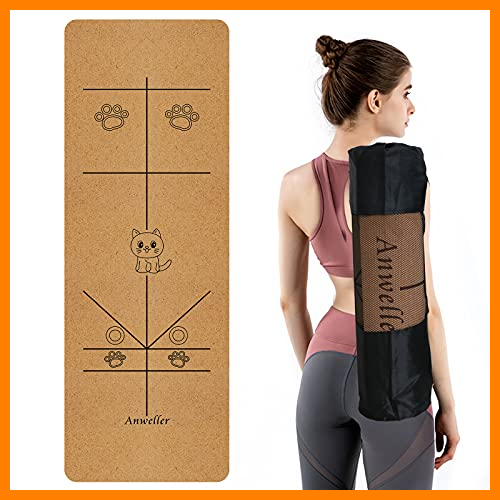【 Mejor precio en oferta de 】✔️ Anweller Yogamatte kork rutschfest aus Naturkautschuk, ökologische Sportmatte mit Tragegurt und Tasche, Fitnessmatte Gymnastikmatte für Fitnessstudio/Sport im Freien (Katze Grün) (183 x 66 x 0,6 cm)