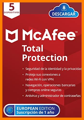 【 Mejor precio en oferta de 】✔️ McAfee Total Protection 2021, 5 Dispositivos, 1 Año, Software Antivirus, Seguridad de Internet, Manager de Contraseñas, Seguridad Móvil, Compatible con PC/Mac/Android/iOS, Edición Europea, Descargable