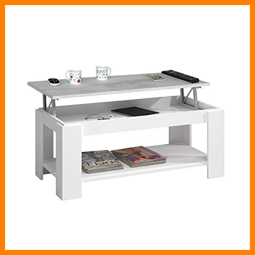 【 Mejor precio en oferta de 】✔️ Mesa Centro con revistero, Mesa elevable, mesita Mueble Salon Comedor, Acabado en Blanco Artik y Gris Cemento, Medidas: 102 cm (Largo) x 43/54 cm (Alto) x 50 cm (Fondo)
