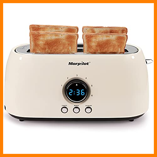 【 Mejor precio en oferta de 】✔️ morpilot Tostador De Doble Ranura Larga, 1250W Inox Clásico Tostadora Pan Para 4 Rebanadas, 6 Niveles de Potencia Tres Funciones Iluminación LED Tostadoras con Bandeja Recogemigas, Beige