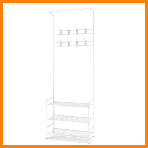 【 Mejor precio en oferta de 】✔️ alvorog Perchero con Zapatero, Perchero Metálico de Pie, Perchero de Entrada con 3 Capas y 16 Ganchos para Zapatos y Ropa 63.5 x 29 x 180 cm (Blanco)