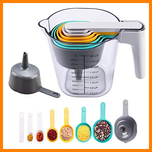 【 Mejor precio en oferta de 】✔️ OBEST 9 Pcs Cuchara medidora conjunto de taza medidora. Vaso medidor de plástico graduado de 1000 ml para hornear en la cocina