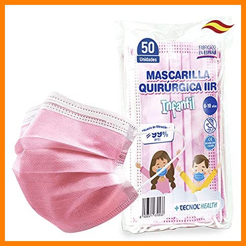 【 Mejor precio en oferta de 】✔️ TECNOL Mascarilla INFANTIL Rosa Quirúrgica IIR - 1a Fábrica Española ISO Sanitaria AENOR - BFE > 99% - 50uds - Sin Grafeno - Cómodas - Estructura 3 capas
