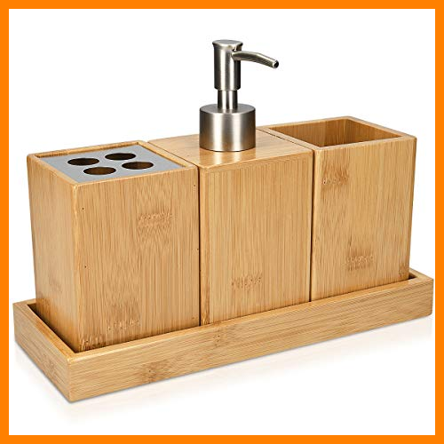 【 Mejor precio en oferta de 】✔️ Navaris Set para el baño de bambú - Juego 4 Accesorios para Lavabo - Kit de 4 Piezas - 1x dispensador de jabón 1x Porta Cepillo 1x Vaso 1x Bandeja