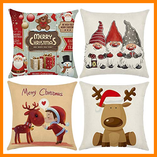 【 Mejor precio en oferta de 】✔️ Navidad Funda de Cojines 4Pcs Muñeco de Nieve Reno Papá Noel Fundas de Almohada Vacaciones Fundas de Almohada de Lino Fundas de cojín Funda de cojín de Navidad para el Dormitorio,17.7 Pulgadas (D)