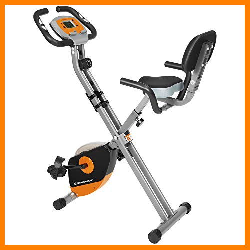 【 Mejor precio en oferta de 】✔️ SONGMICS Bicicleta de Ejercicio, Bicicleta Estática, Bicicleta Fitness en Casa, Plegable con Respaldo, Sensor de Pulso, 8 Niveles de Resistencia Magnética, Peso Máx. 100 kg, Naranja y Gris SEB012O01
