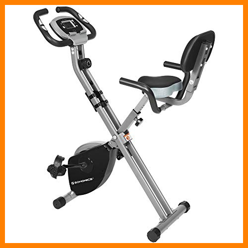 【 Mejor precio en oferta de 】✔️ SONGMICS Bicicleta de Ejercicio, Bicicleta Estática, Bicicleta Fitness en Casa, Plegable con Respaldo, Sensor de Pulso, 8 Niveles de Resistencia Magnética, Peso Máx. 100 kg, Negro y Gris SEB012B01