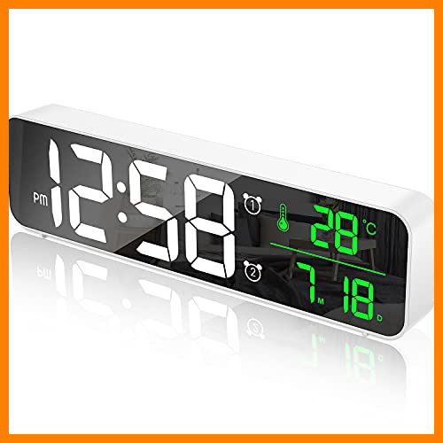 【 Mejor precio en oferta de 】✔️ MOSUO Reloj Despertador Digital, Reloj de Pared con Temperatura Tiempo Fecha, 10" Gran Pantalla LED Espejo Reloj Digital con 2 Alarma 40 Música 6 Niveles de Brillo USB Puerto, Blanco