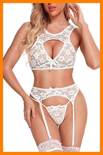 【 Mejor precio en oferta de 】✔️ Aranmei Conjunto Sexy Mujer Lenceria Encaje Sujetador y Bragas con Liguero Hueco Ropa Interior Transparente, Sin Medias (Blanco, X-Large)
