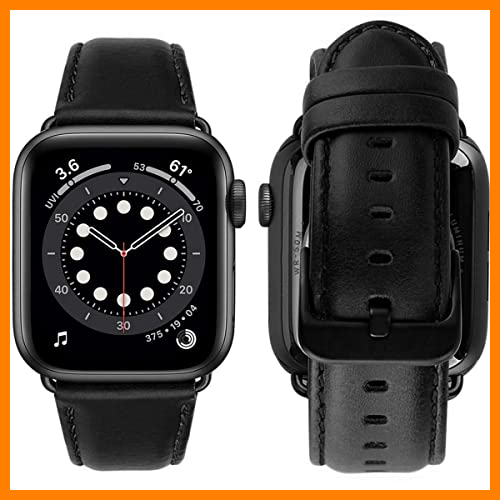 【 Mejor precio en oferta de 】✔️ MroTech Correa Compatible con iWatch 45mm 44mm 42mm Pulseras Repuesto Correa Cuero Piel Genuino Replacment Band for iWatch Series 7 6/SE 5 4 3 2 1 Brazalete 42/44/45 mm Banda Negro Hebilla Negra