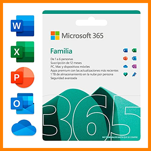 【 Mejor precio en oferta de 】✔️ Microsoft 365 Familia | Suscripción anual | Para 6 PCs o Macs, 6 tabletas incluyendo iPad, Android, o Windows, además de 6 teléfonos | Box
