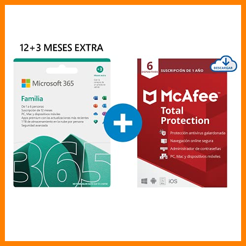 【 Mejor precio en oferta de 】✔️ Microsoft 365 Familia | Apps Office 365 | PC/MAC/teléfono | Suscripción anual | 12+3 Meses | + McAfee Total Protection 2022 | 6 Dispositivo | 12 Meses | PC/Mac/Android/Smartphones - Código por email