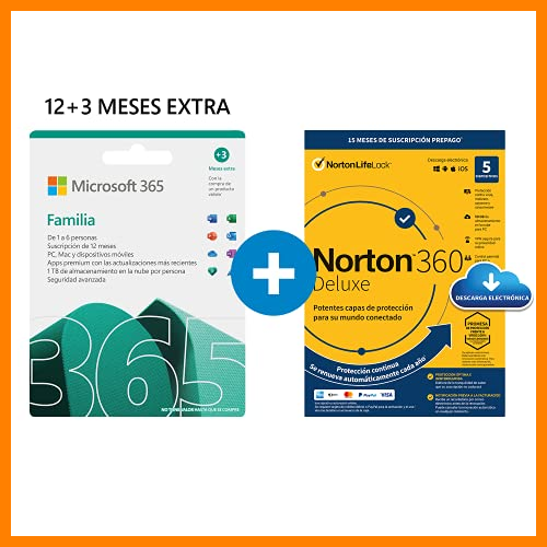 【 Mejor precio en oferta de 】✔️ Microsoft 365 Familia | Apps Office 365 | PC/MAC/teléfono | Suscripción anual | 12+3 Meses + NORTON 360 Deluxe | 15 Meses | PC/Mac - Código de activación enviado por email
