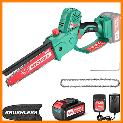 【 Mejor precio en oferta de 】✔️ Mini Motosierra Batería Brushless 18V, HYCHIKA Motosierra de mano con Cadena de 200mm, 4.0Ah Batería, Motosierra Sin Escobillas Portátil para Cortar Madera, Podar Ramas (Incluye 2 Cadena y Lubricante)